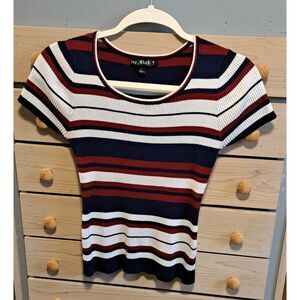 Say What? Ribbed Short Sleeve Striped Top – Size Large- 90s, Y2K, Preppy